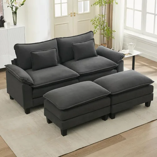 Vista 19 de URRED - Sofá seccional modular tipo nube, cómodo sofá cama de chenilla moderna con asientos profundos y otomán/almohadas para sala de estar