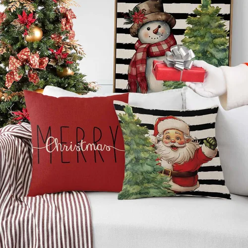 Vista 3 de Juego de 4 fundas de almohada rojas navideñas de 18 x 18 pulgadas, fundas de almohada cuadradas de lino rústico de Navidad, fundas de almohada