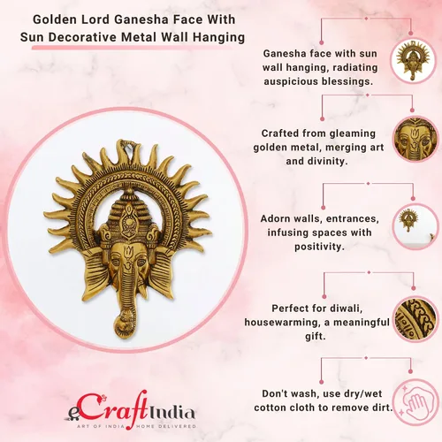 Vista 5 de eCraftIndia Golden Lord Ganesha con sol decorativo de metal para colgar en la pared, decoración del hogar, templo de Pooja Room y regalo