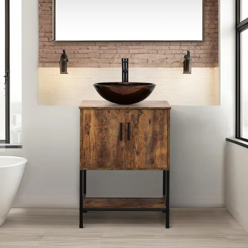 Vista 43 de UEV Juego de tocador de baño antiguo de 24 pulgadas, color marrón oscuro con lavabo, armario de baño de madera de hierro con grifo de temperatura