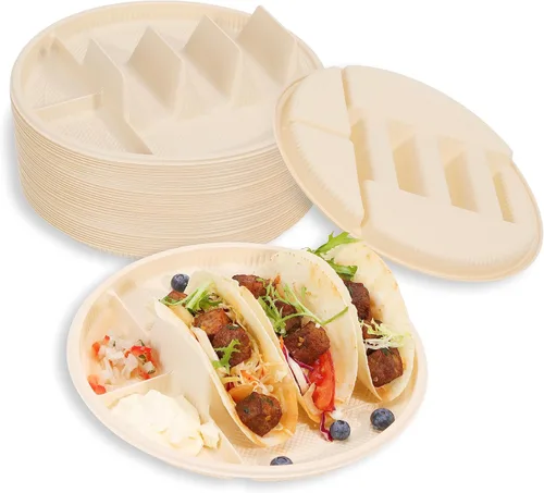 Vista 10 de Platos pequeños desechables para tacos con lados para mojar - Paquete de 100, porta tacos de almidón de maíz biodegradable, tamaño mini