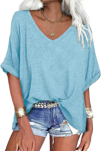 Vista 21 de UNCLECAT Camisetas de gran tamaño con cuello en V para mujer, camisas de manga corta de verano, holgadas, casuales