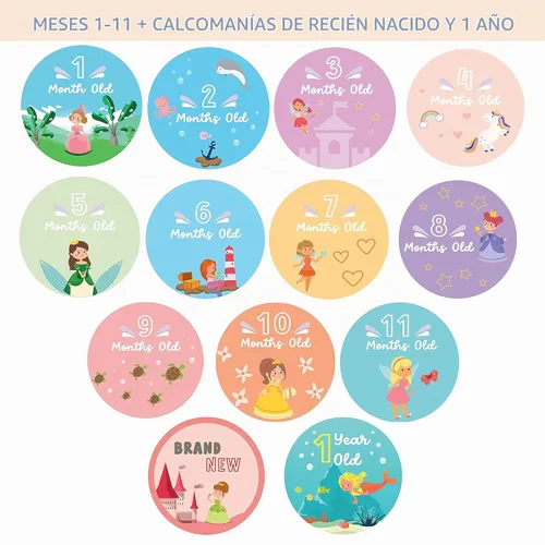 Vista 2 de RubyRoo Baby Calcomanías de hitos – Calcomanías mensuales para niña – Paquete de 28 – Incluye 12 hitos mensuales, 1er año y primeras vacaciones