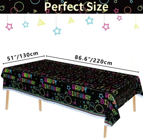 Vista 2 de Paquete de 3 suministros para manteles de fiesta que brillan en la oscuridad, mantel desechable de plástico neón, mantel rectangular con estampado
