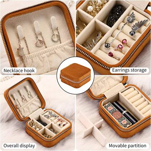 Vista 5 de Joyero de viaje de terciopelo de felpa, pequeña caja de joyería de viaje, caja de joyería portátil, mini organizador de almacenamiento, caja