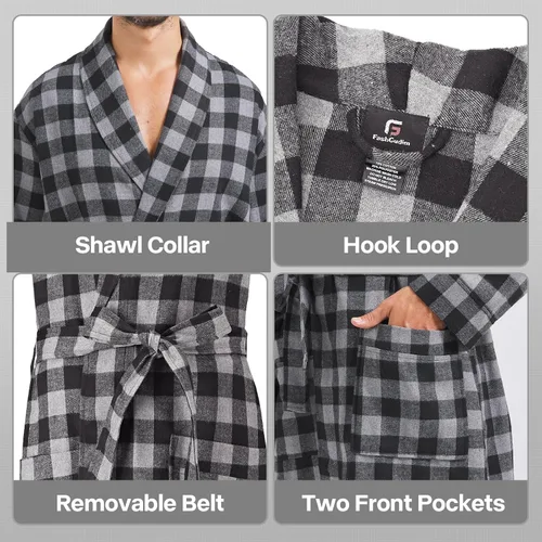Vista 3 de FashGudim Bata de algodón a cuadros para hombre, ligera, con cuello de chal, kimono, ropa de dormir, ropa de descanso, batas de casa
