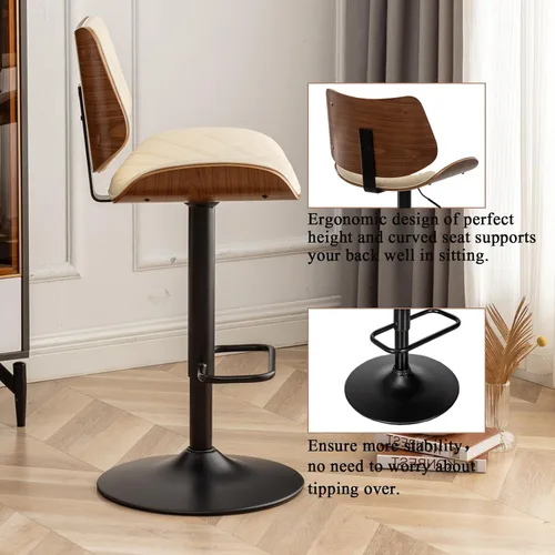 Vista 3 de LUNLING Taburetes de bar giratorios con respaldo y reposapiés, taburetes de mostrador modernos ajustables de mediados de siglo, sillas de bar Beige