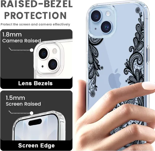Vista 5 de Compatible con iPhone 15, funda transparente de encaje negro floral a prueba de golpes, parte trasera dura, delgada, bonita funda transparente