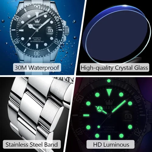Vista 6 de Reloj automático de viento automático para hombre, reloj de lujo de acero inoxidable con fecha, reloj clásico impermeable con bisel giratorio