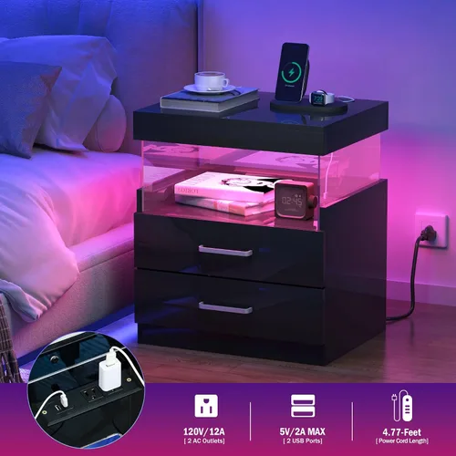 Vista 5 de WelFurGeer Mesita de noche de alto brillo, mesita de noche LED negra con estación de carga, mesita de noche con cajones, mesitas de noche modernas