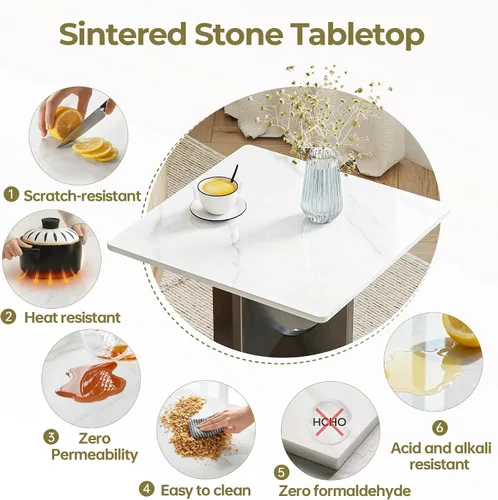 Vista 4 de Square Table Top, 19.6” White Sintered Stone Tabletop, DIY Replacement & Cover Marble Desktop, Scratch & Wear Resistant, Suitable for Indoor &