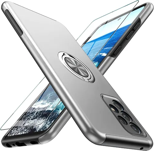 Vista 26 de Funda para Galaxy A13 5G con protector de pantalla (vidrio templado), funda híbrida 2 en 1 protectora delgada y resistente con anillo magnético Negro