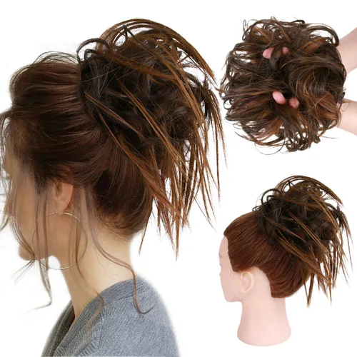 Vista 11 de HMD - Extensiones de cabello tipo chongo alborotado con rodelo despeinado, banda elástica de goma, extensiones de cabello sintético para mujer
