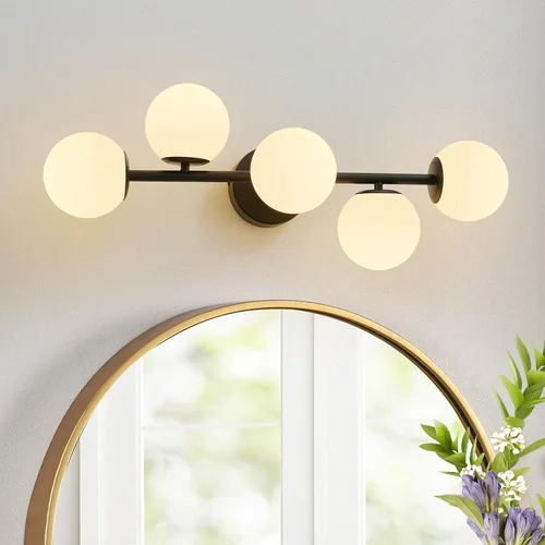 Vista 12 de Luz LED negra para tocador de baño: 5 luces de vidrio martillado colorido globo de luz - Luces de pared únicas de mediados de siglo modernas