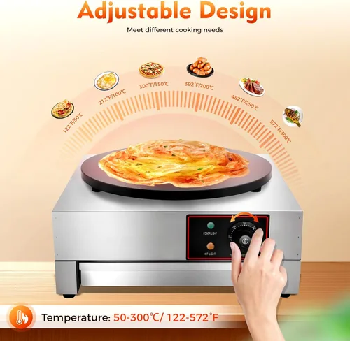Vista 6 de Máquina eléctrica de crepé, máquina antiadherente de 16 pulgadas y 1700 W, plancha de crepes de placa plana comercial con luces indicadoras LED