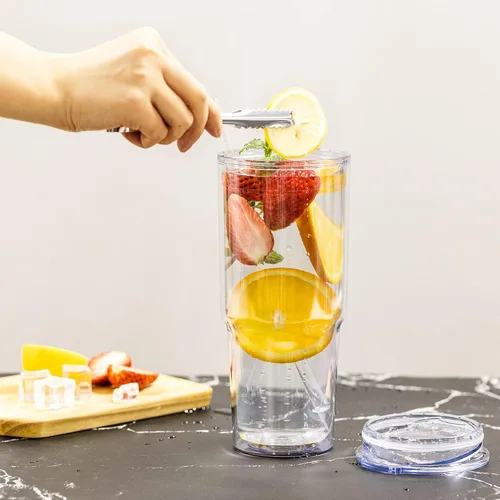 Vista 5 de MEWAY 2 vasos aislados clásicos de 30 onzas, vaso acrílico de doble pared con tapa, vasos aislados de plástico reutilizables con popote