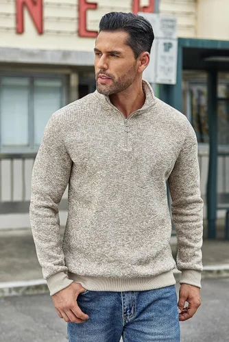 Vista 2 de COOFANDY Sudadera de punto con cremallera de un cuarto para hombre, suéter térmico de punto casual ajustado