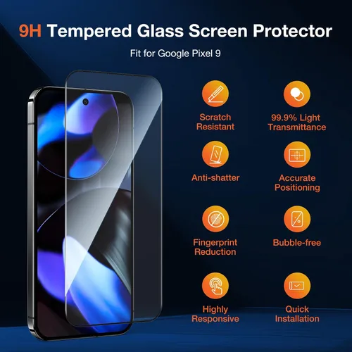 Vista 2 de KUZOOM Paquete de 2 protectores de pantalla de vidrio templado transparente HD para Google Pixel 9, película protectora de pantalla inastillable