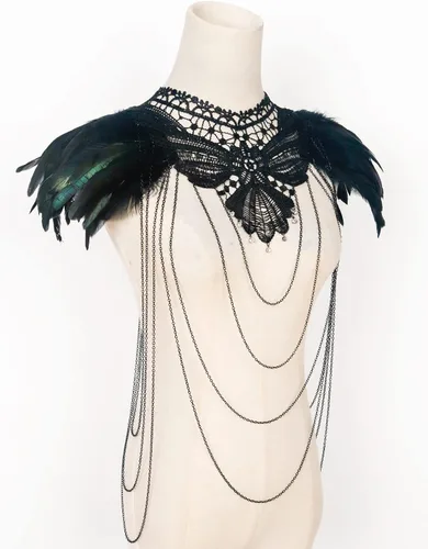 Vista 6 de L'VOW Real Negro Pluma Arnés Collar Collar Collar Babero Halloween