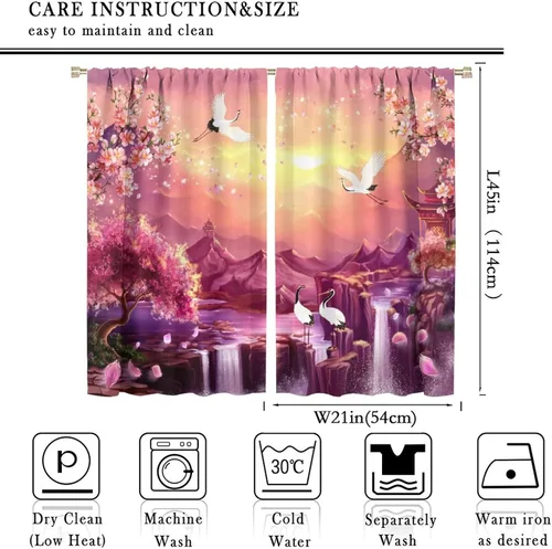 Vista 2 de Cortinas de estilo japonés, flor de cerezo, grúa de amanecer, estilo asiático, cortinas opacas para dormitorio, sala de estar, juego de 2 paneles