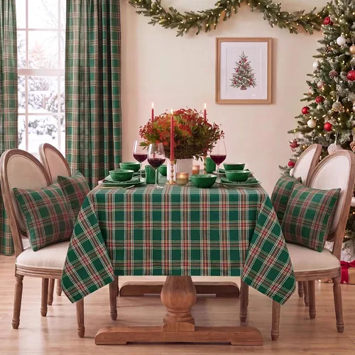 Vista 8 de Softalker Mantel rectangular de Navidad a cuadros, mantel de franela de algodón a cuadros de búfalo verde, decoración de mesa de invierno