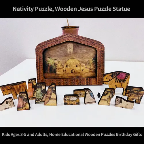 Vista 4 de Rompecabezas de madera de Jesús, rompecabezas de pesebre con diseño de madera quemada, decoración de escultura de rompecabezas de Jesús