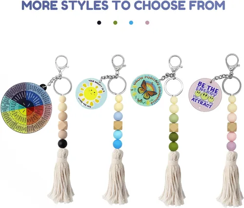 Vista 6 de Llavero bohemio con cuentas de silicona y borla de macramé, llavero de acrílico inspirador, regalos de salud mental para mujeres y hombres