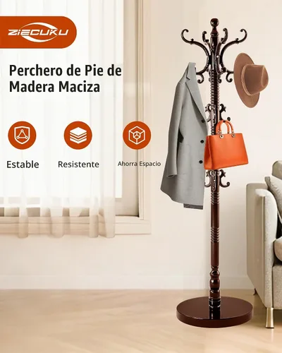 Vista 7 de Perchero de madera independiente, soporte de perchero de madera maciza con 14 ganchos, abrigo de pie vintage resistente, soporte de árbol