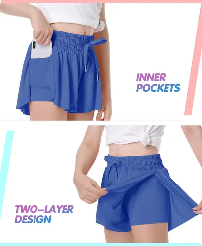 Vista 2 de QooNoo Girls Butterfly Shorts with Pocket Flowy Athletic Shorts High Waist Preppy Running Shorts for Kids Teen