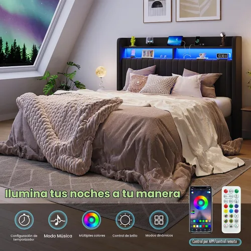 Vista 5 de SHA CERLIN - Estructura de cama de tamaño matrimonial con almacenamiento elevado/Luces LED/Estación de carga/Cabecero con estantes de 2 niveles/USB