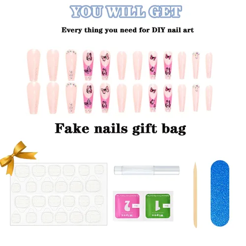 Vista 5 de 24 uñas acrílicas a presión, uñas postizas largas con diseños de mariposa rosa, diamantes de imitación, polvo de purpurina, punta francesa