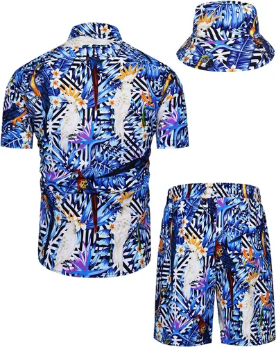 Vista 72 de TUNEVUSE Conjunto de camisas y pantalones cortos hawaianos para hombre, 2 piezas, trajes de playa con estampado de flores, traje tropical de verano