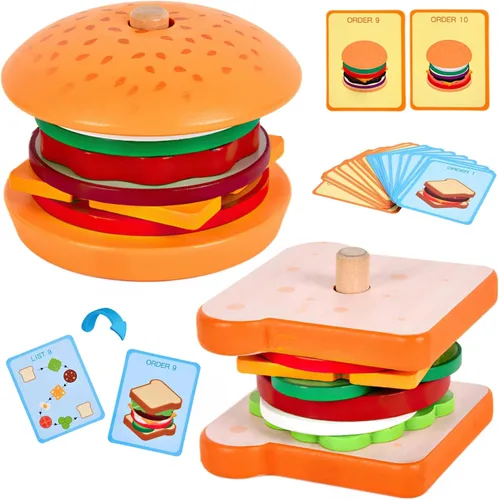 Vista 10 de Juguetes de hamburguesas de madera para apilar para niños, alimentos de juego Montessori para niños pequeños, juguetes educativos para niños de más
