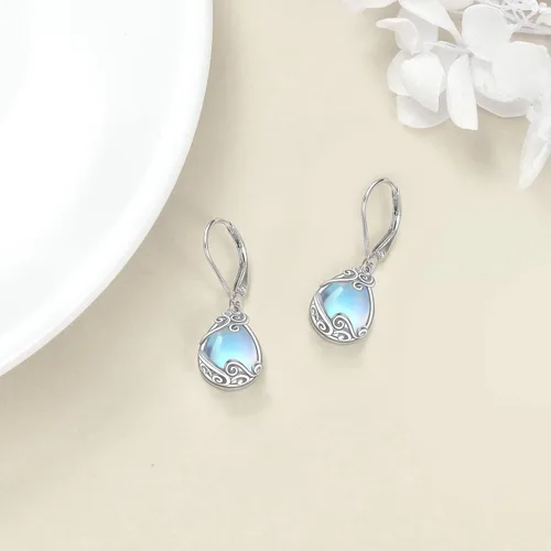 Vista 214 de Aretes colgantes con forma de lágrima de filigrana de piedra lunar de plata de ley 925 con cierre de palanca para mujer, regalos de joyería