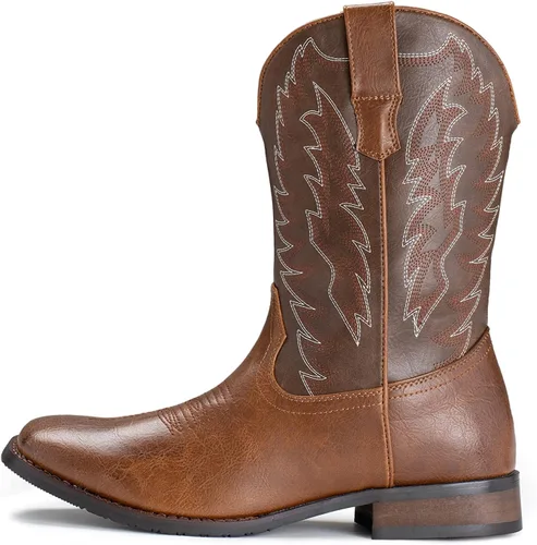 Vista 6 de IUV Botas de Vaquero para Hombre de Pie Ancho Punta Cuadrada Botas Occidentales con Bordado Clásico Duraderas Sin Cordones