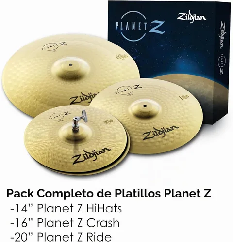 Vista 2 de Zildjian ZP4PK Planet Z - Paquete completo de platillos de 14/16/20 pulgadas Crash and Ride Included, Drum Set Starter Kit for New Players, Bright