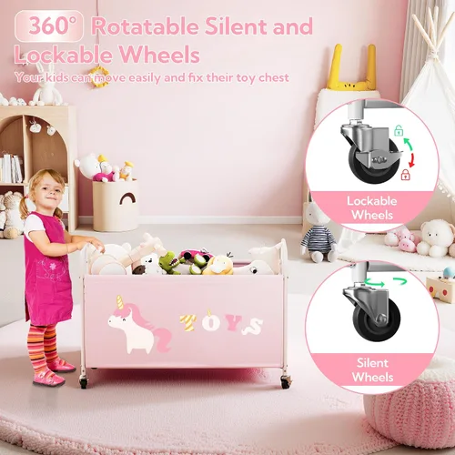 Vista 4 de GRANNY SAYS Caja de juguetes para niños y niñas, almacenamiento extra grande con ruedas, organizador de almacenamiento de juguetes de metal para Rosa