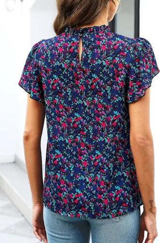 Vista 4 de SimpleFun - Blusas de verano con volantes y cuello de moca estilo bohemio para mujer, manga corta, estampado floral