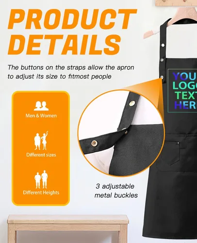 Vista 3 de Custom Apron with Pocket, Printed in USA, Personalized NameLogo, Adjustable Ties for Baking, Cooking for WomenMen