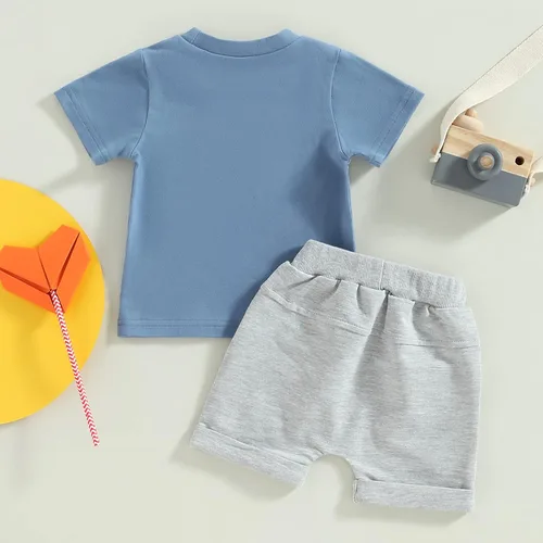 Vista 12 de Conjunto de traje de verano para bebé niño pequeño, manga corta, cuello redondo, letras impresas, lindo traje de verano, conjunto de 2 piezas