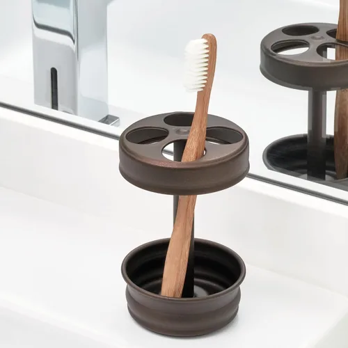 Vista 3 de iDesign Soporte de metal para cepillos de dientes, taza de baño para organización de baño, colección Olivia, 3.25 x 3.25 x 5 pulgadas, bronce
