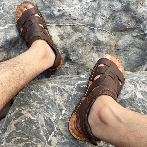 Vista 7 de VOCECO - Sandalias de cuero para hombre con puntera abierta, ajustables, ligeras, para playa y verano