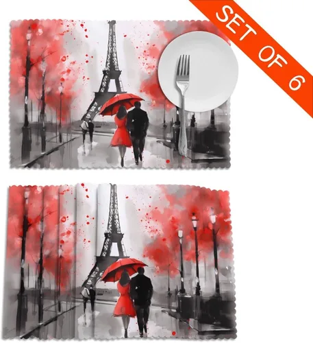 Vista 2 de Juego de 6 manteles individuales románticos de la Torre Eiffel para el día de San Valentín, lavables, para cocina, comedor, decoración del hogar, 12