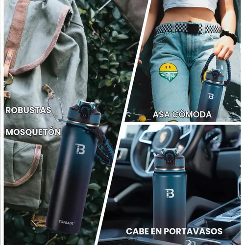 Vista 5 de TOPBADE Botella de agua aislada de 32 onzas con tapa de pajita, tapa de boquilla y mango de paracord, botella de agua de acero inoxidable de boca