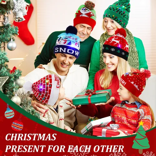 Vista 4 de Vicenpal Paquete de 15 gorros de Navidad con luces LED, gorro de punto con luz de Navidad, gorro de suéter de Navidad, suministros de fiesta