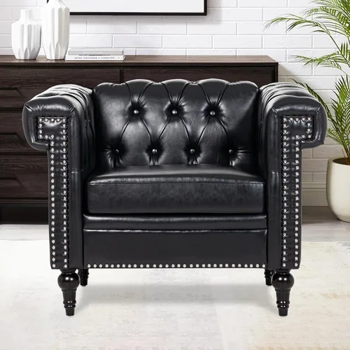 Vista 10 de Sofás negros para sala de estar, moderno sofá Chesterfield copetudo, asiento profundo, cómodo sofá de piel sintética, brazos enrollados plisados