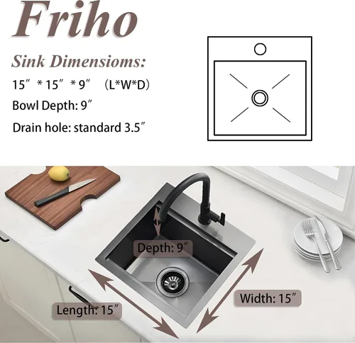 Vista 3 de Friho Fregadero de barra empotrable negro de 15 x 15 pulgadas, fregadero de cocina de acero inoxidable de un solo tazón montado en superficie