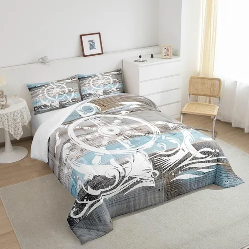 Vista 4 de Erosebridal Juego de edredón de ancla náutica, juego de ropa de cama con brújula oceánica, tamaño individual para niños, adolescentes y adultos