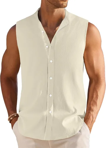 Vista 5 de Camisa sin mangas de lino guayabera cubana para hombre, camisa de verano con botones, camiseta sin mangas de playa, camiseta básica casual