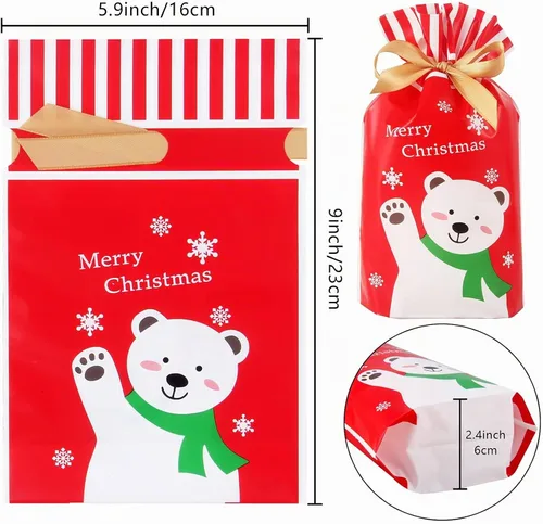 Vista 2 de Heniho 60 bolsas de golosinas de Navidad, 4 x 6 pulgadas con cordón, bolsas de galletas para dulces, regalos de fiesta